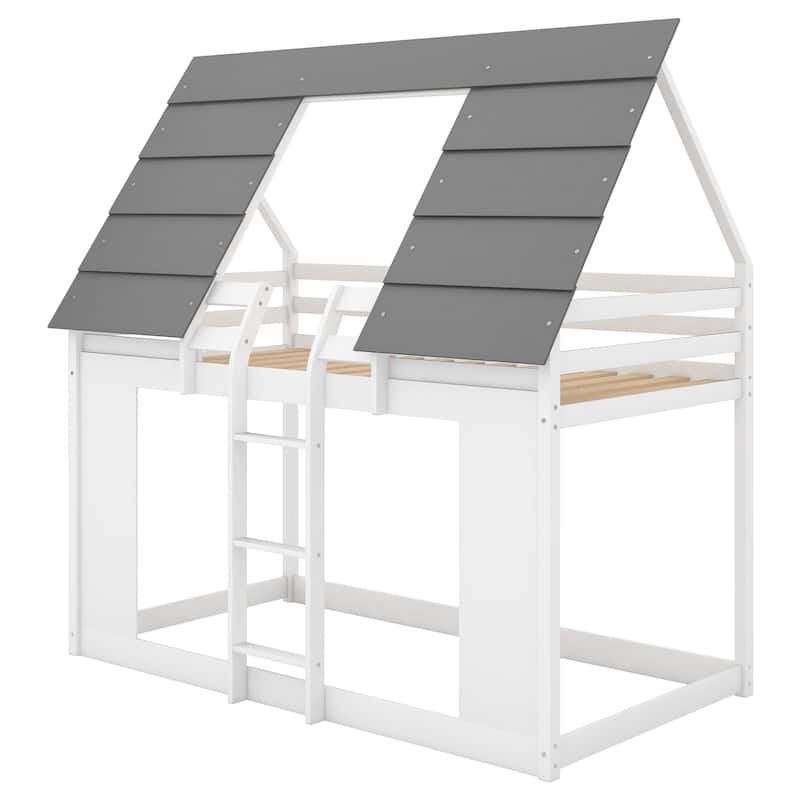 Wood House Bunk Bed with Roof