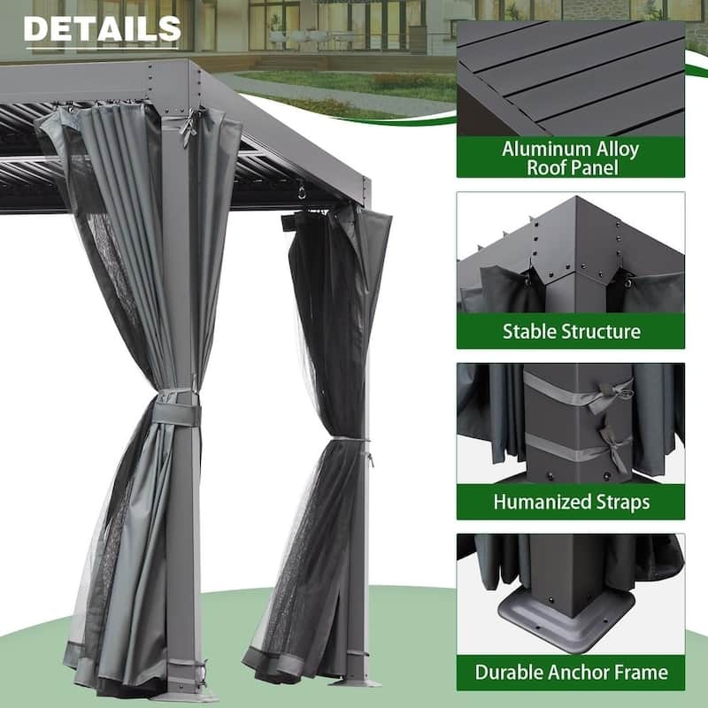 Outdoor Louvered Pergola, Outdoor Patio Hardtop Gazebo, Adjustable Metal Roof Curtains and Netting Included