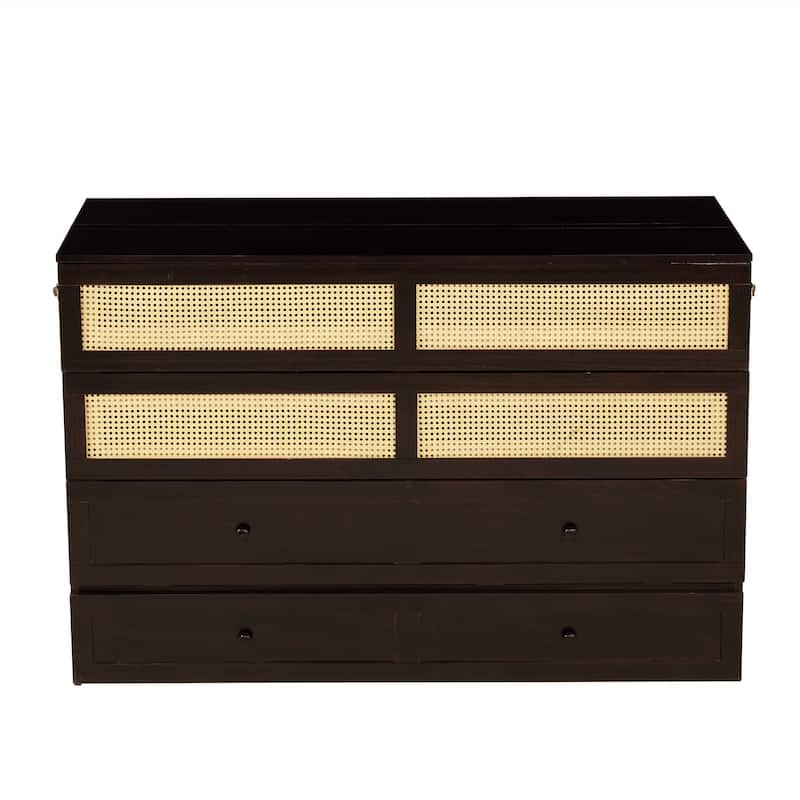 Murphy Bed, Pine Wood Cabinet Bed with Rattan Decoration and Storage Drawer