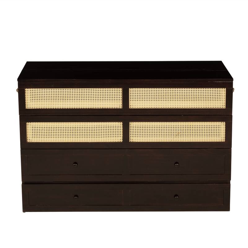 Queen Size Folding Cabinet Bed with Rattan Accent, Solid Pine Frame, Large Storage Drawer, Space-Saving Murphy Design