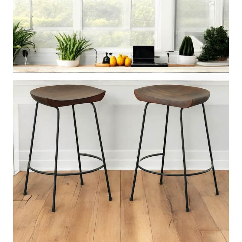 HomeRoots Set of Two 25" Chestnut And Black Steel Backless Counter Height Bar Chairs - Counter Height - Set of 2 - Chestnut