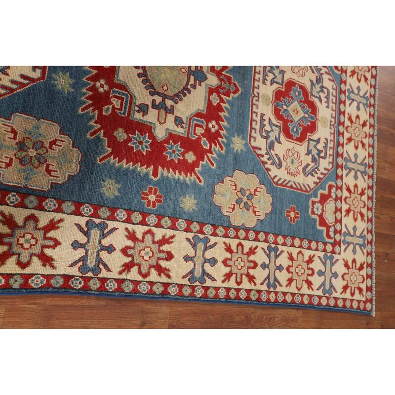 Blue Geometric Kazak Oriental Area Rug Bedroom Handmade Wool Carpet - 4'10" x 6'11"