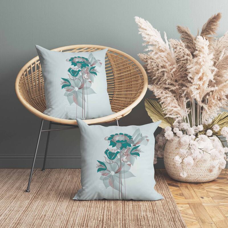 Flowers Line Art Faux Suede Reversible Throw Pillow Mint and Green
