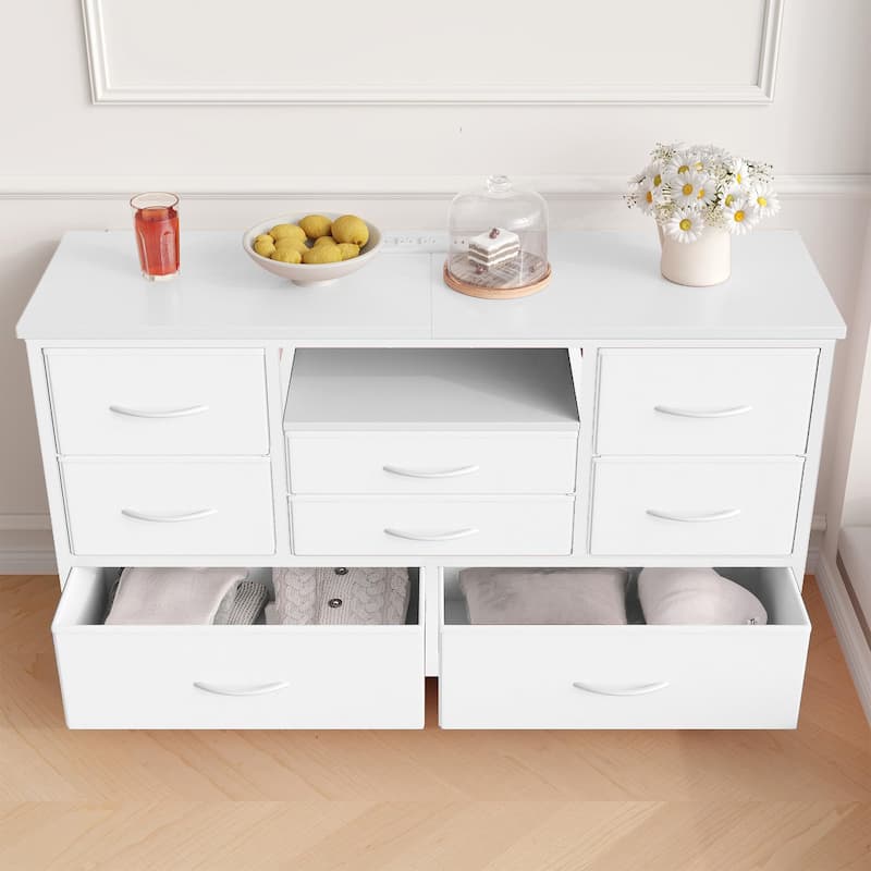 8-Drawer Fabric TV Stand with LED Lights & Built-in Power Outlets