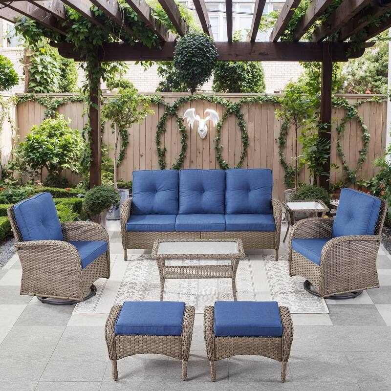 Pocassy Patio Outdoor Sofa Swivel Chairs with Ottman Table Set - Gray Wicker Blue Cushion - 7-Piece Sofa Swivel Chiar Ottoman with Table