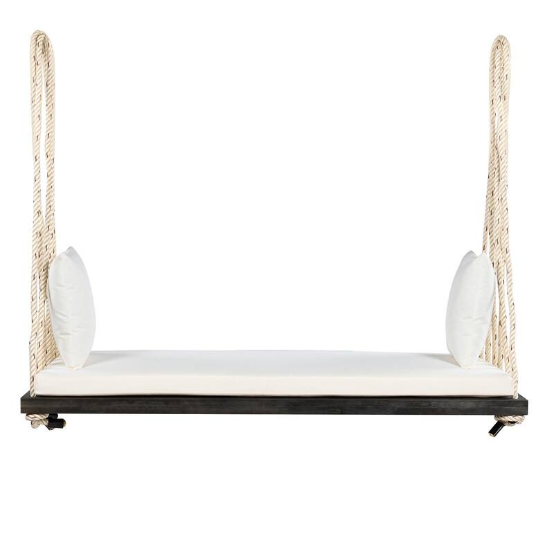 Porch Wooden Swing Chair with Hemp Ropes, Patio Hanging Swing Bench with Cushion & 2 Pillows