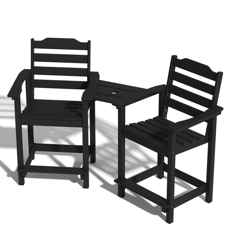 Adirondack Chairs Set of 2 with Connecting Tray, 24 inches HDPE Bar Height Outdoor Patio Bar Stool Chairs - Black