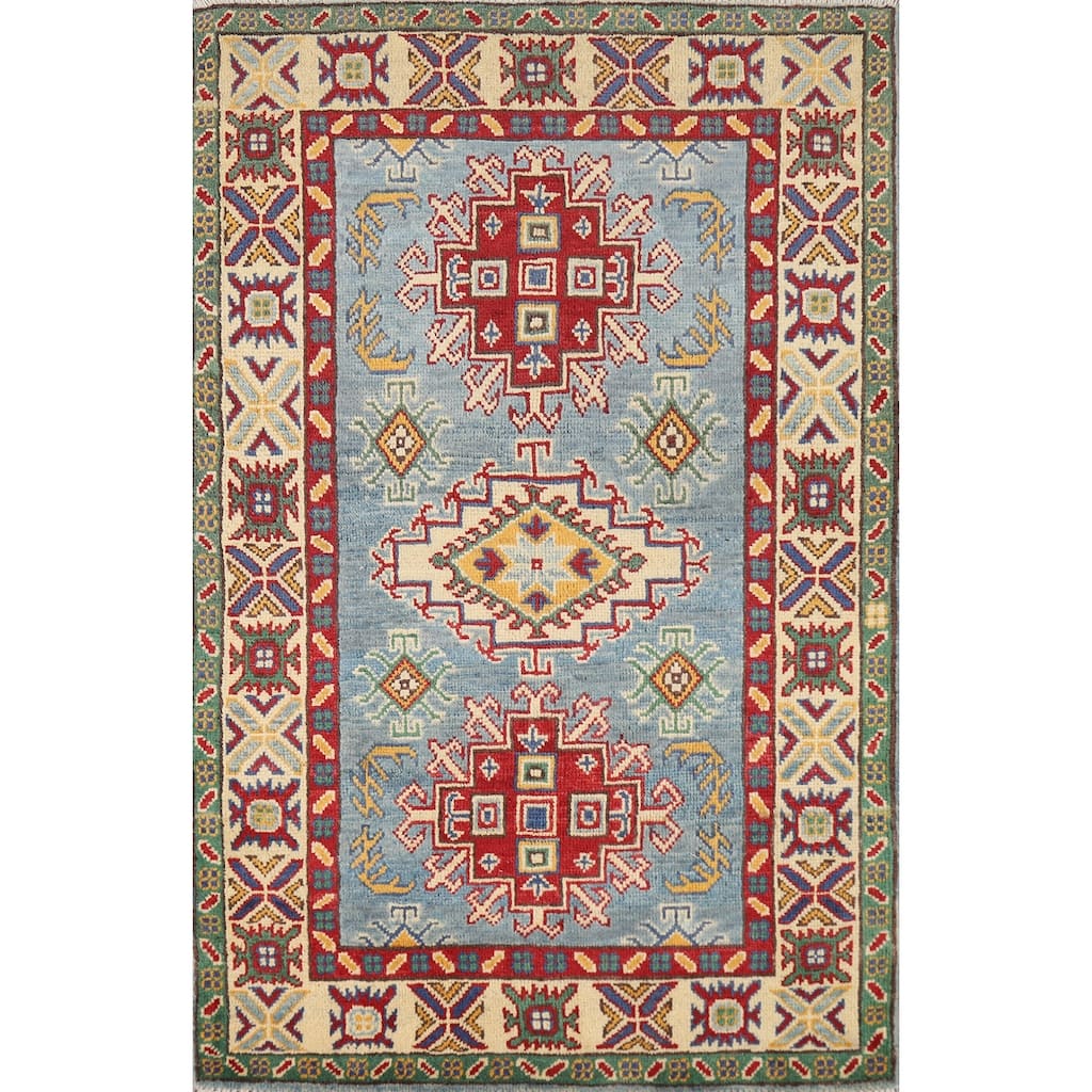 Blue Kazak Foyer Rug Handmade Geometric Accent Wool Carpet - 2'9"x 4'3"