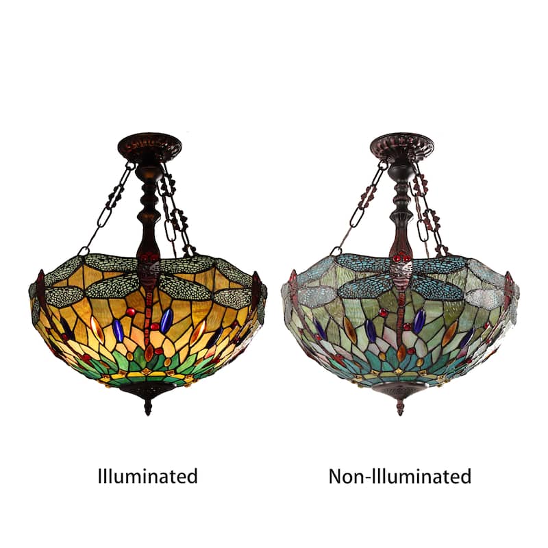 Tiffany-Style Dragonfly Design 3-light Blackish Bronze Hanging Pendant