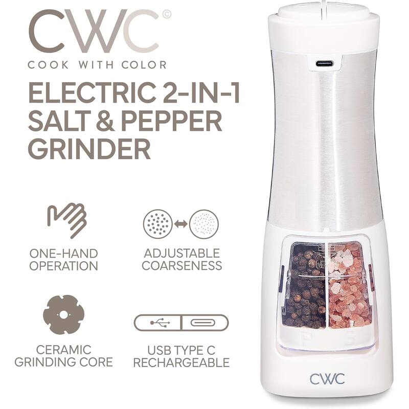 COOK WITH COLOR 2-in-1 Rechargeable Salt & Pepper Shaker - 2 Grinders for Salt and Pepper