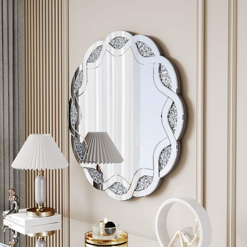 GDFStudio - Glam Silver Crush Diamond Round Wall Mirror with Wave Frame - 31.5 Inch