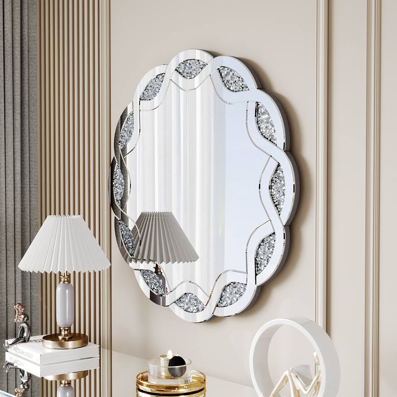 Silver Crush Diamond Round Wall Mirror, 31.5 Inch Wave Frame Decorative Mirror for Living Room, Bathroom, Bedroom