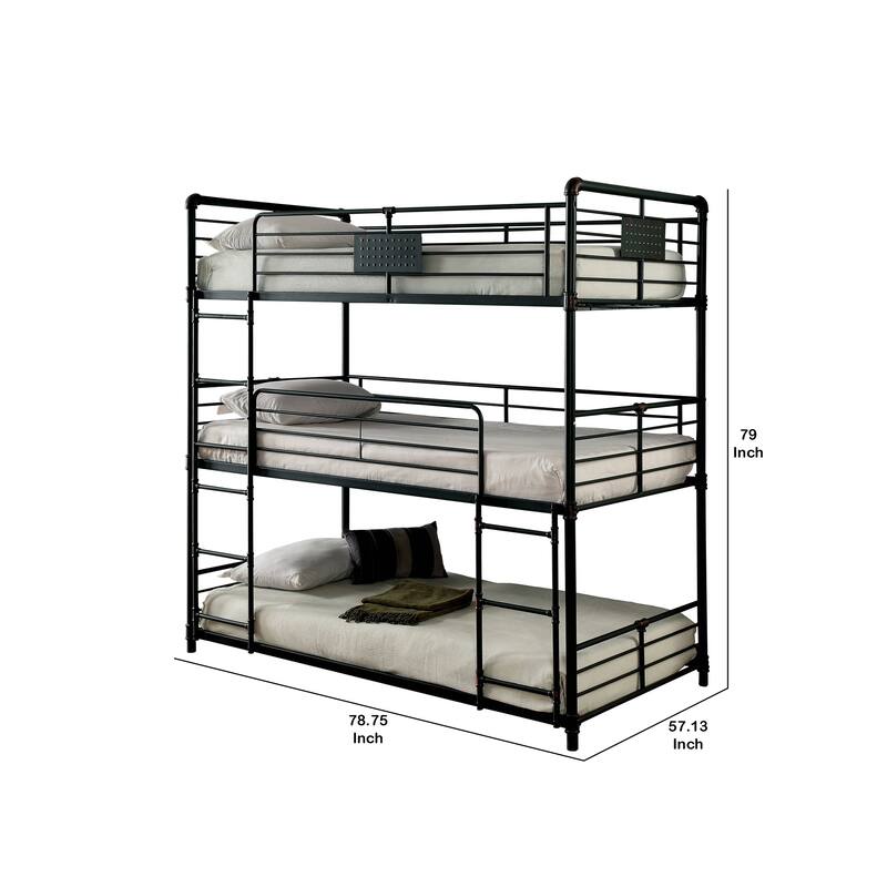 Industrial Style Full Triple Decker Bunk Bed with Ladder, Gray