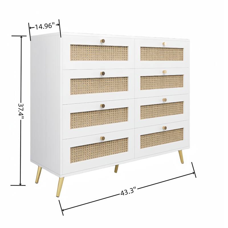 Wood 8 Drawers Rattan Chest of Drawers with Golden Legs and Handles