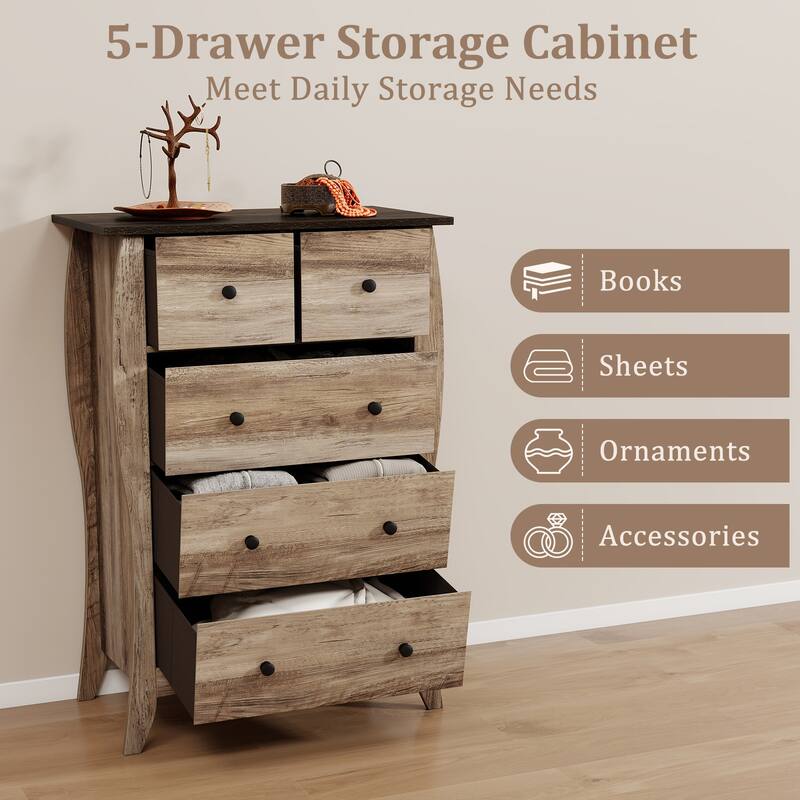 Gymax 2PCS 38'' Farmhouse Chest of Drawers w/ 5 Folding Fabric Drawers