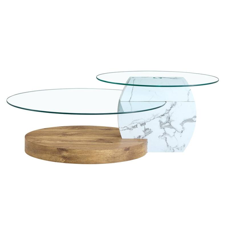 Contemporary Artistic Double Layer Coffee Table - White Marble and Wood Grain Collision