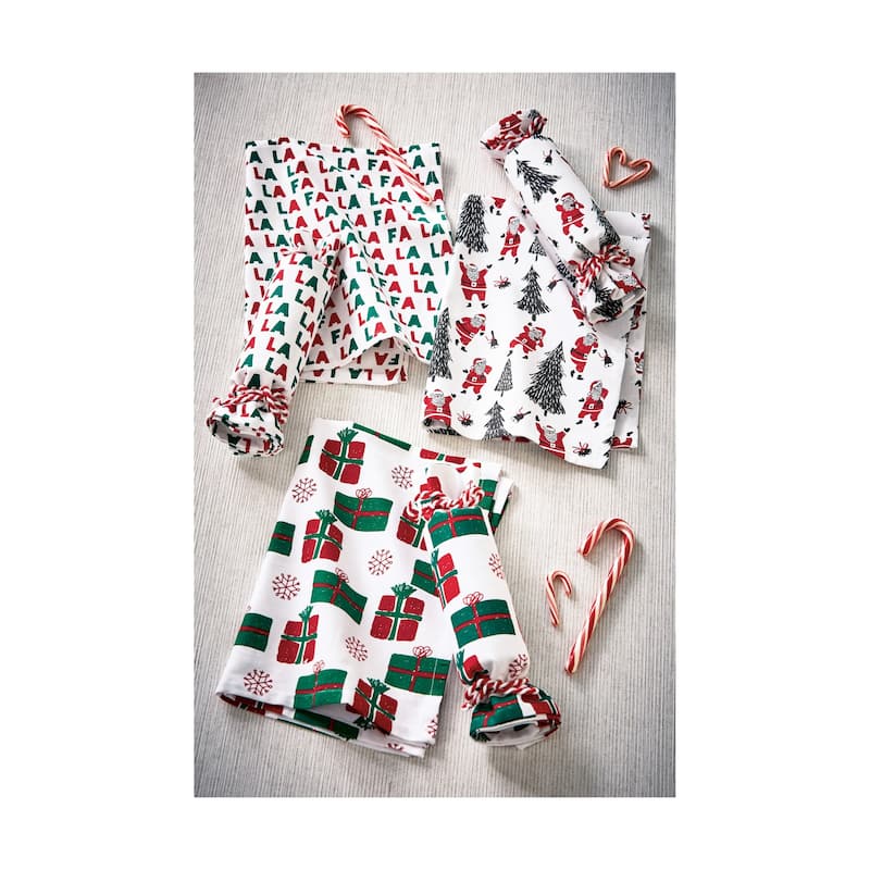 Santa & Trees Christmas Cracker Dishtowel - Multicolor Cotton Kitchen Towel, 26" x 18", Machine Washable