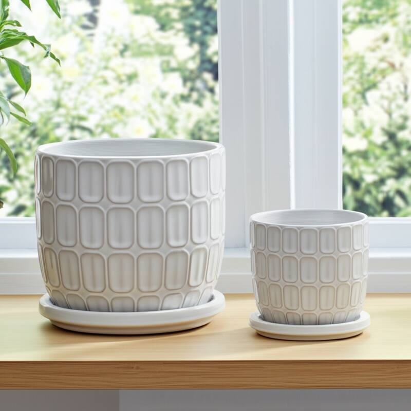 Stoneware Saucer Planters with Embossed Geometric Texture (Set of 2)