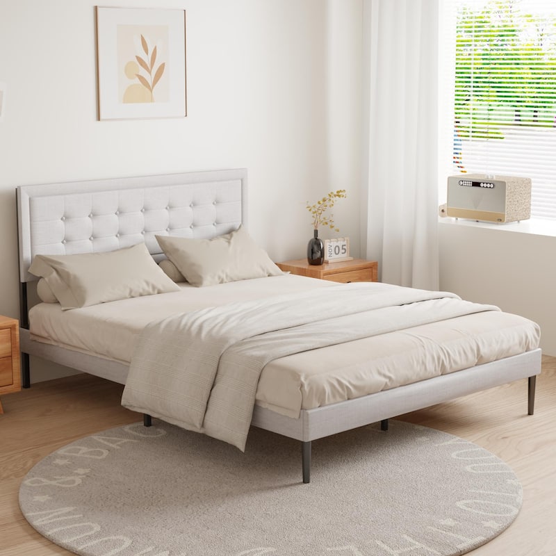 Queen Size Iron Platform Bed Frame with Upholstered Headboard, Tufted Design and Wood Slat Support, Box Spring Required