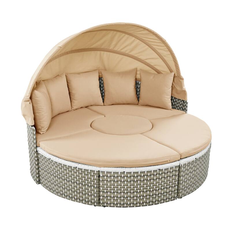 5-Piece Sectional Sofa Set, Round Rattan Outdoor Daybed with Retractable Canopy and Adjustable Table,with Cushions & Pillows