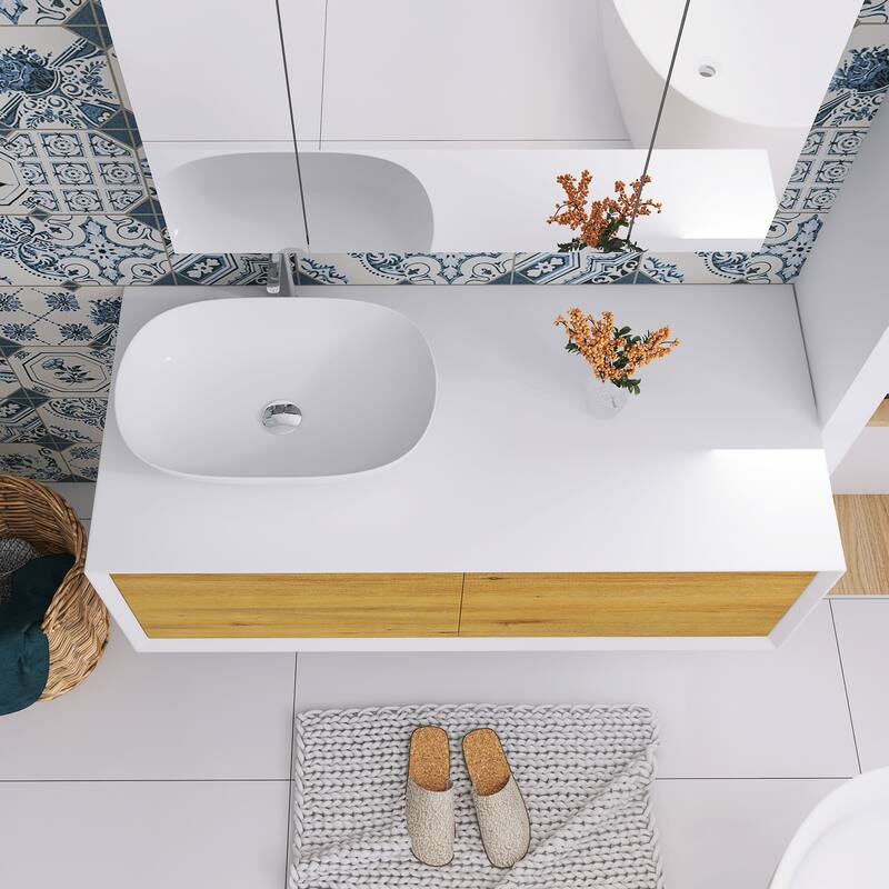 Floating Bathroom Vanity with Solid surface Top in F.OAK and Matte White