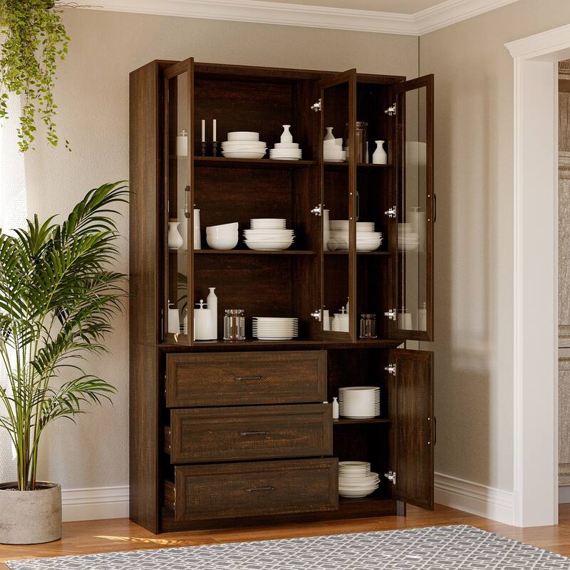 79.6"H Display Bookcase Pantry Cabinet Sideboard with Tempered Glass Doors White/Brown