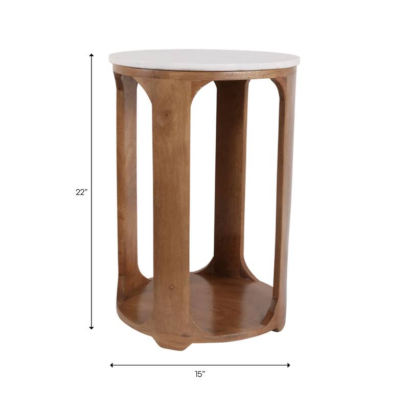 Modern Round Stone Top Accent Table with Wood Base - 22", Brown