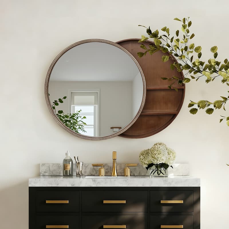23.62" Sliding Round Wall Mirror with Storage Shelves - 2-Tier Wooden Side Cabinet, Space-Saving Hanging Mirror