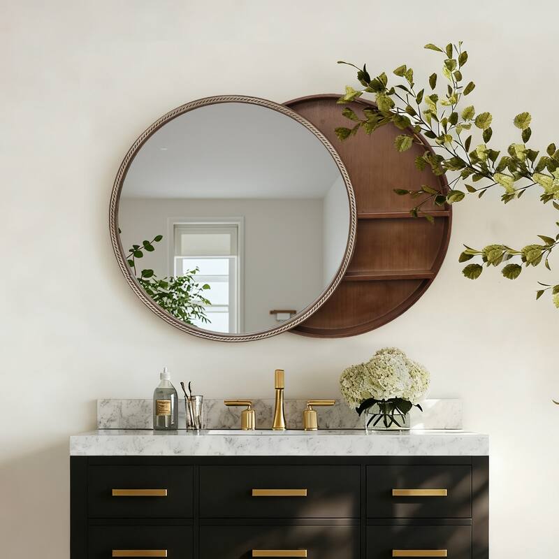 23.62" Sliding Round Wall Mirror with Storage Shelves - Natural Wood
