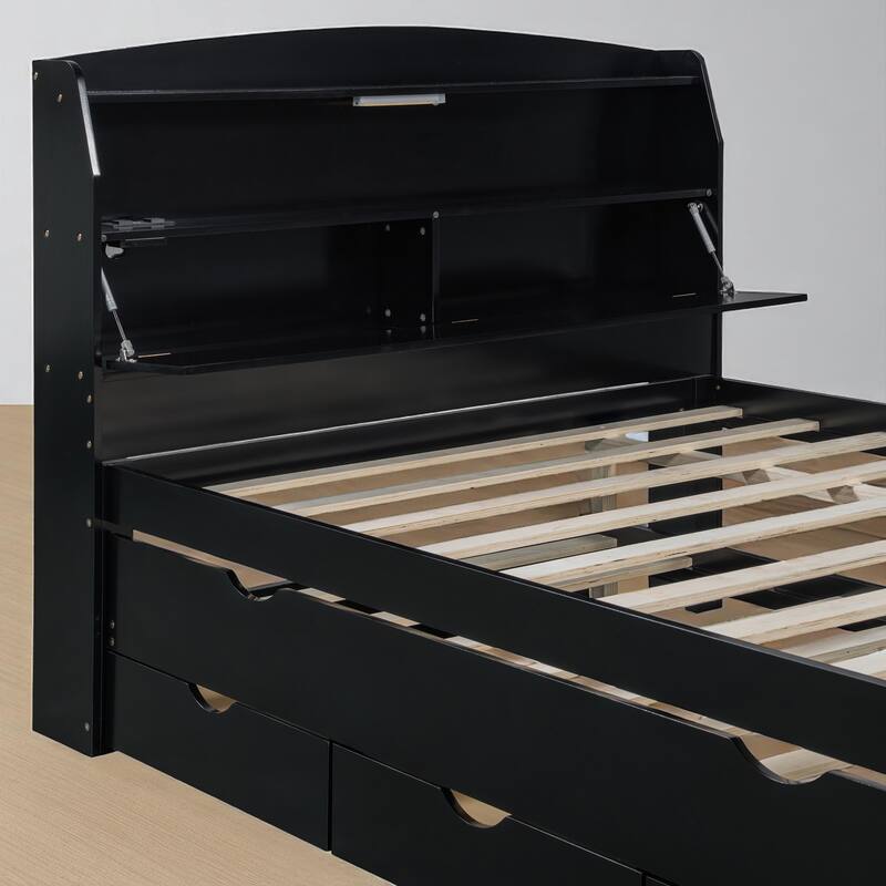 Wooden Twin/Full Platform Bed with Trundle, Flip-Up Headboard Storage, LED & USB Ports, Drawers