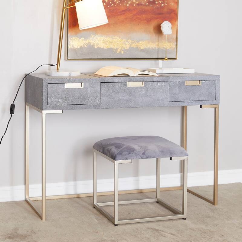 Light Gray Wood Vanity with Stool with Hidden Mirror - Gray