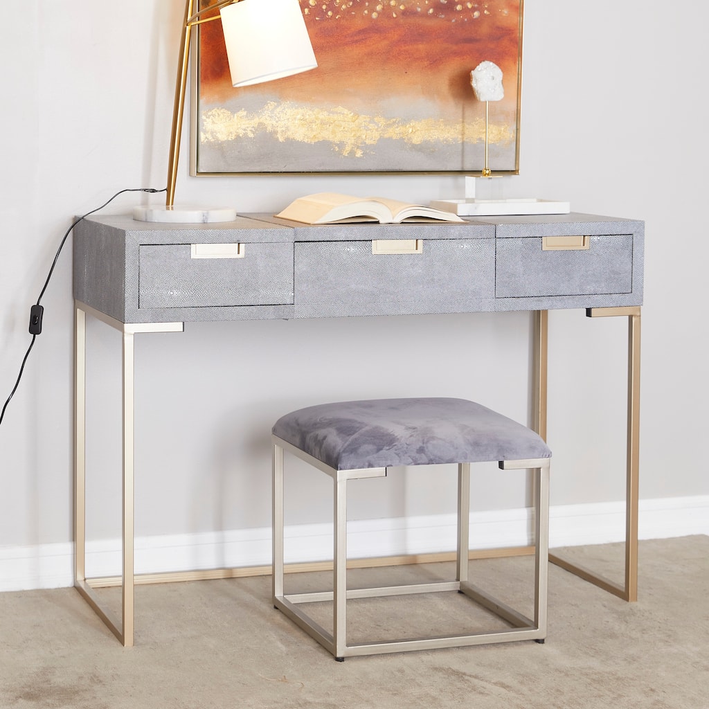 Light Gray Wood Vanity with Stool with Hidden Mirror