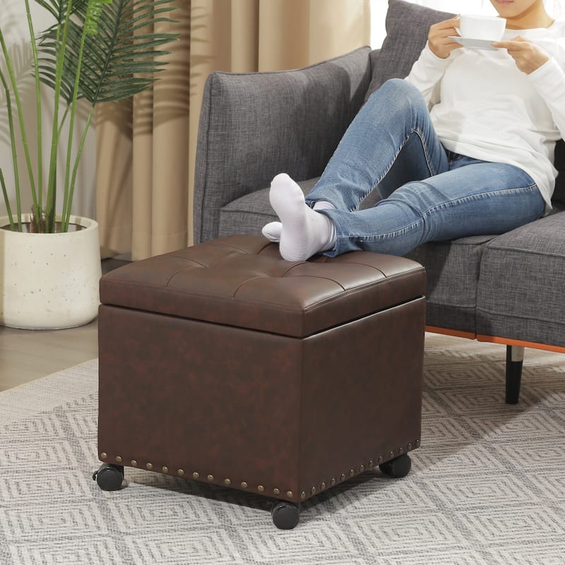 Adeco Bonded Leather Storage Ottoman Square Tufted Cube Footstool