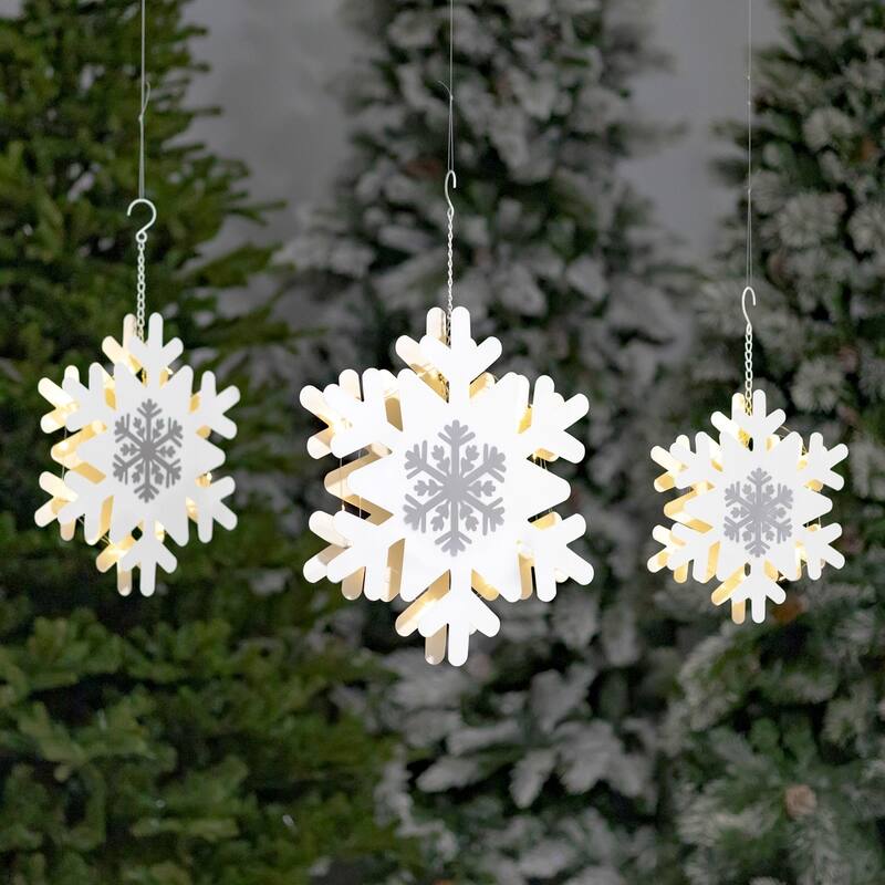 Set of 3 Hanging Christmas Lights- Snowflakes or Stars - White - LED Lights - Iron