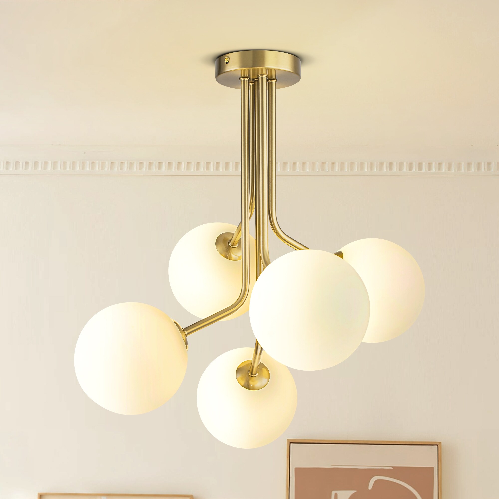 Rennnsan Modern 5-Light Brass Milky Glass Semi Flush Mount Ceiling Light for Dining Room - 5
