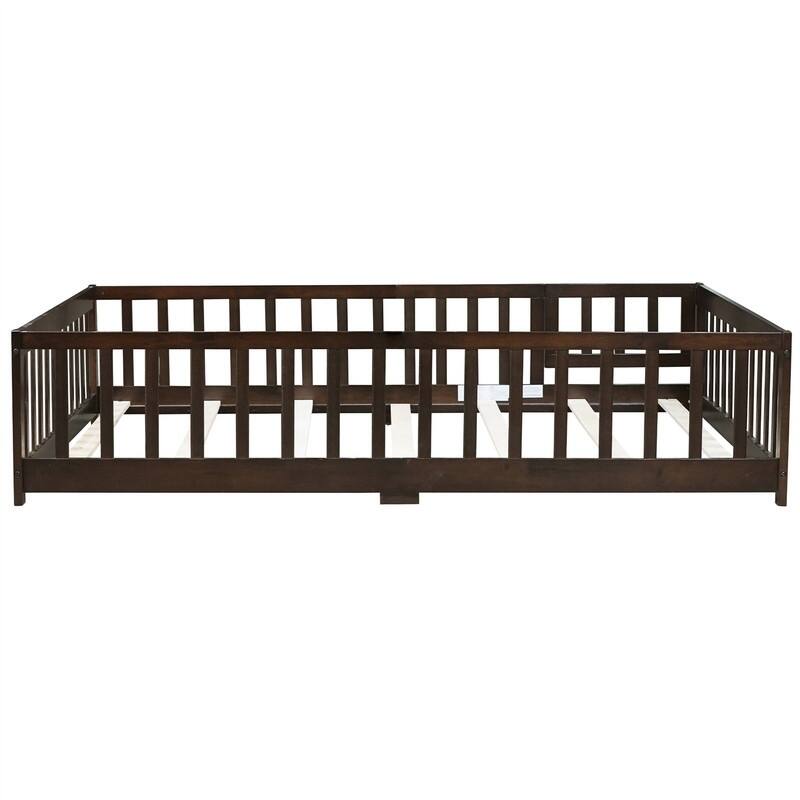 Twin/Full/Queen Size Floor Bed with Fence Guardrails and Door, Rubber Wood Toddler Bed Montessori Bed with Slats Support