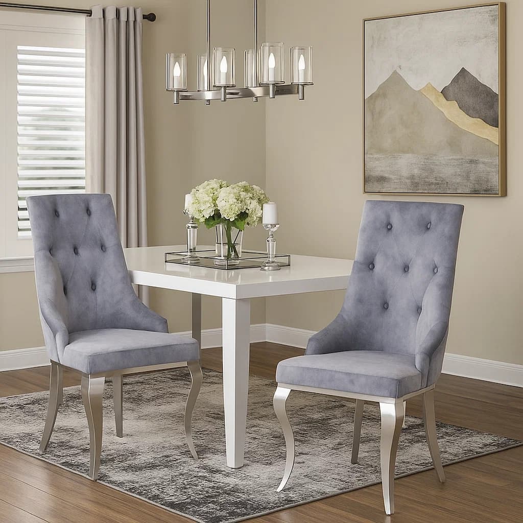 Side Chair with Button Tufting and Metal Legs, Set of 2, Gray and Silver