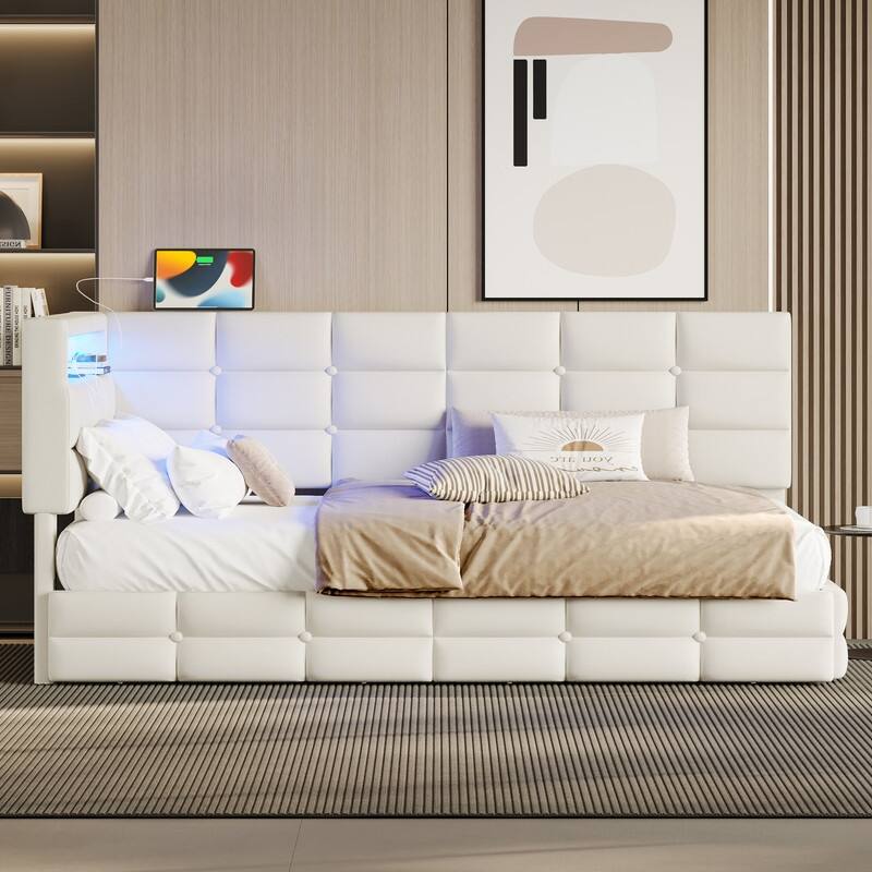 Twin Size Upholstered Daybed with Storage 2 Drawers and Charging Station, LED Lights