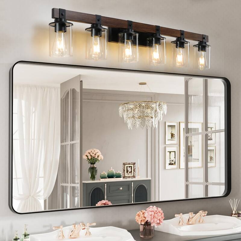 42" Rustic 6-Light Vanity Light, Industrial Bathroom Wall Sconce with Glass Shades and Wood Accent (No Bulbs) - Walnut - Walnut