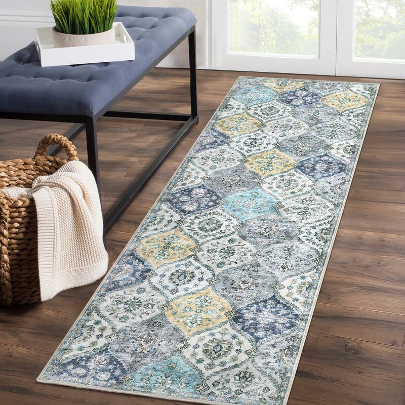 Rugs for Living Room Vintage Oriental Trellis Area Rug Soft Non Slip Low Pile Accent Rugs for Dining Room Office - 2'x8' - Blue Yellow