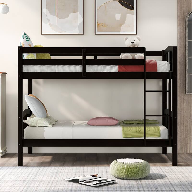 Twin Over Twin Bunk Bed with Ladder & Guardrail, Solid Wood Bedframe