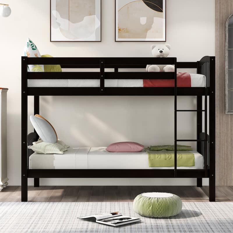Twin over Twin Solid Wood Bunk Bed with Ladder and Fence