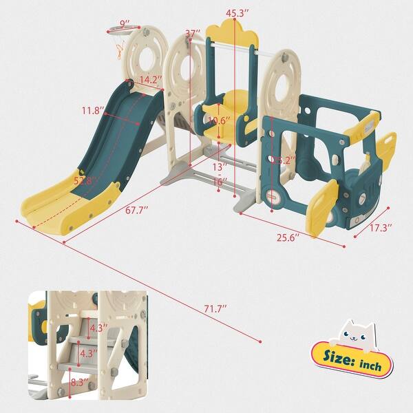 dimension image slide 2 of 4, Kids Swing-N-Slide with Bus Play Structure, Freestanding Bus Toy with Slide&Swing for Toddlers, Bus Slide