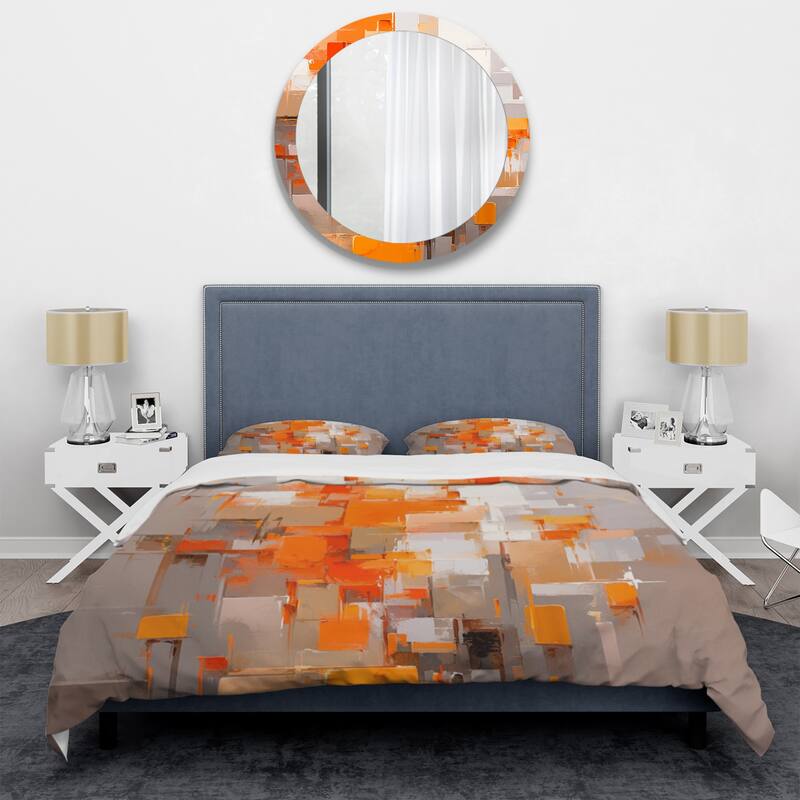 Designart "Orange Brown Shattered Realities" Orange Modern - Bedding Cover Set With Shams