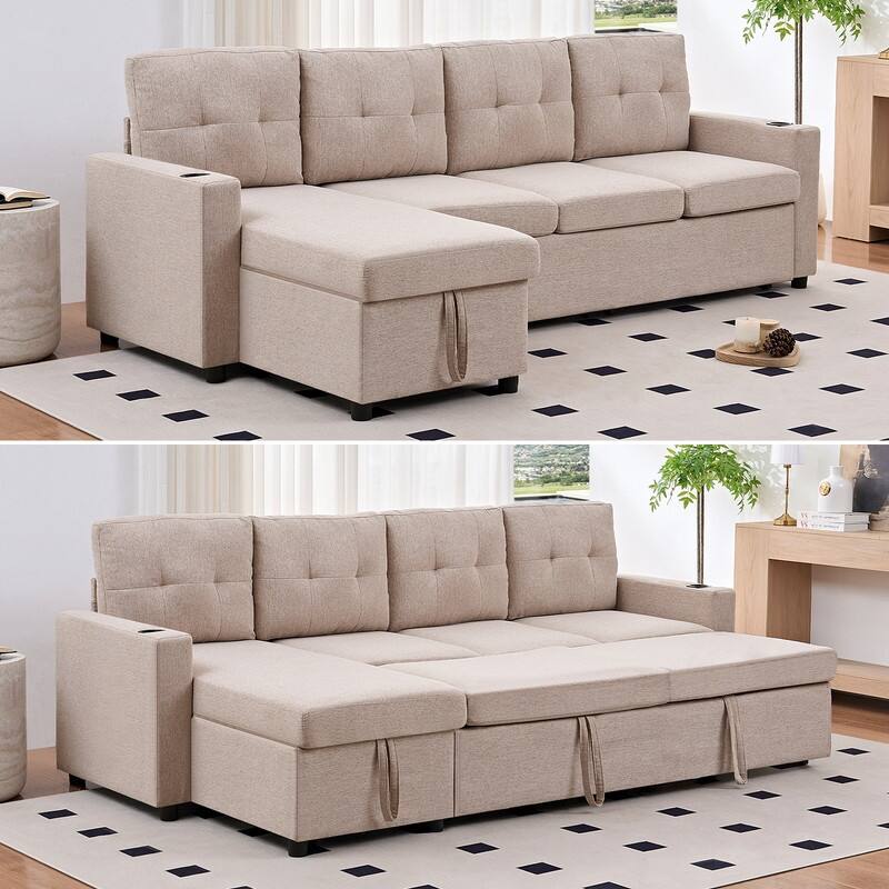 Mixoy 101"Linen 4-Seater Modular Sofa with Storage Chaise,Sleeper Sofa with Pull-out Bed - Beige - 101.38''*52.76''*35.43''