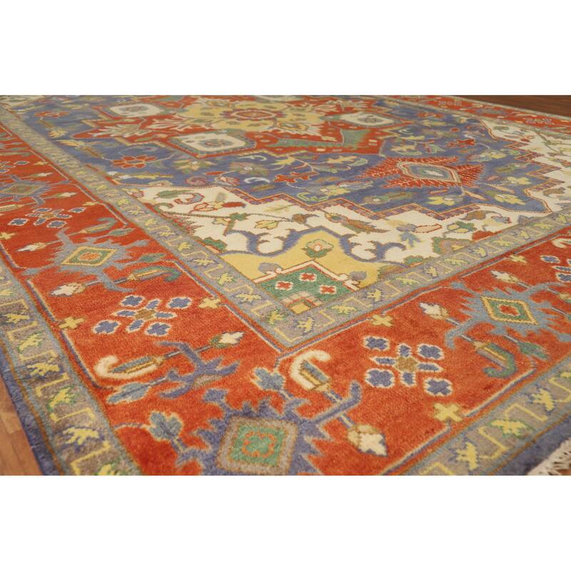 Hand Knotted Oriental 100% Wool Carpet Traditional Medallion Navy Blue & Blues Heriz (serapi) Area Rug - 14' 1'' X 9' 11''