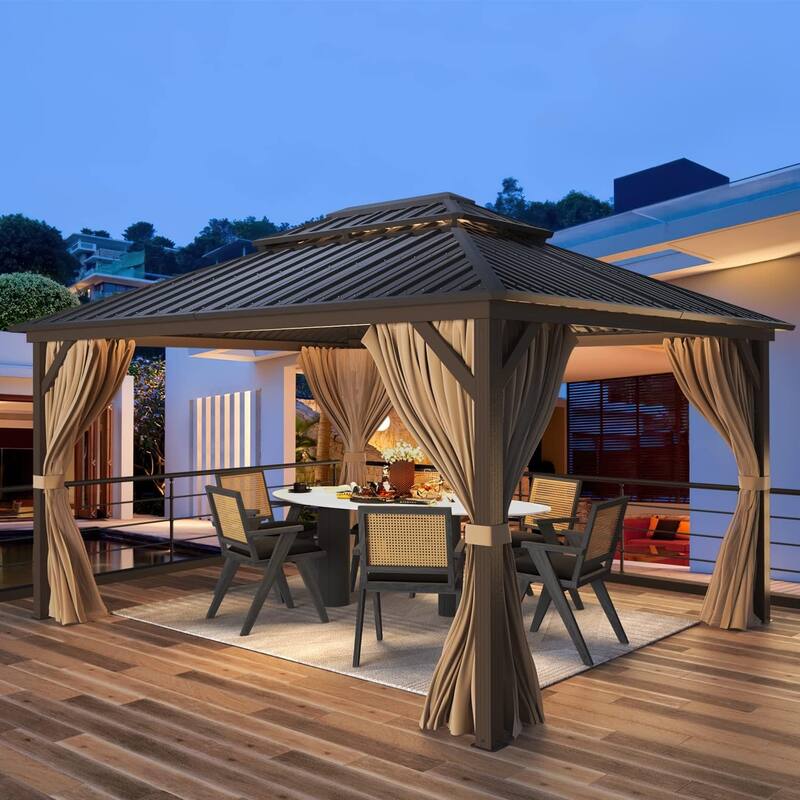 Outdoor Pro Series Galvanized Steel Hardtop Patio Gazebo Pergola w/Aluminum Frame, Prime Curtains and nettings include