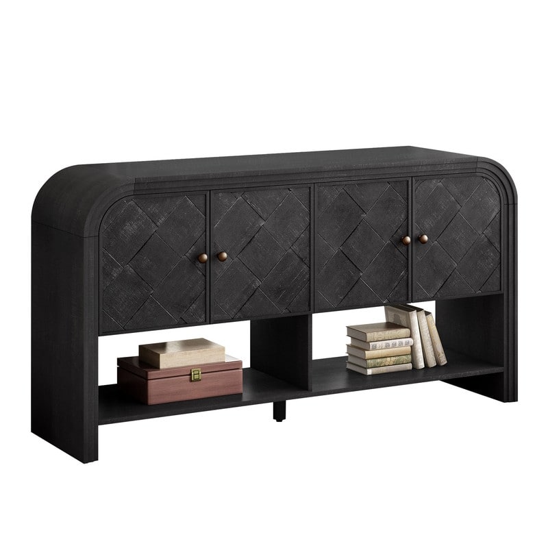 Versatile 60" Console Table with Woven Wood Slats and Solid Wood Veneer for Entryway or Living Room