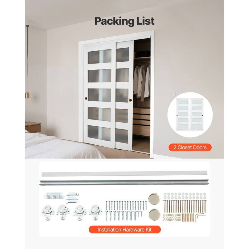 White Wood MDF Sliding Closet Doors with Frosted Glass Panels