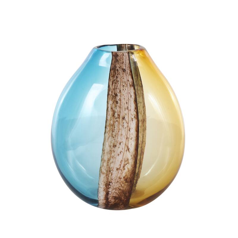 Glass Rounded Ombre Decorative Vase with Brown Textured Stripe Details - Multi Colored - Roche River Decor